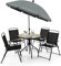 Salon de jardin 6 pièces avec table en verre trempé, cadre en métal, 4 chaises pliantes et parasol Gris et noir