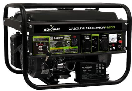 Tecnoware Power Systems - Generador de Corriente 4200 VA, Motor Gasolina 4 Tiempos, Arranque Eléctrico y Manual, Depósito 15L, Compacto y Portátil, Ideal para Camping y Construcción