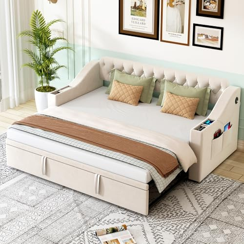 Merax Ausziehbar Schlafcouch 90/180 x 190 cm, Sofa Bett 2 Sitzer mit Schlaffunktion, Klappsofa mit Lattenrost und USB-Ladeanschluss, SamtStoff, Beige (Ohne Matratze)