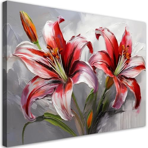Feeby - Tableau sur Toile - Decoration Murale Peinture - Lys rouges Fleurs peintes - 90x60 1partie - Chambre Toiles Intissé - Tableaux chambre à coucher - Decoration Chambre