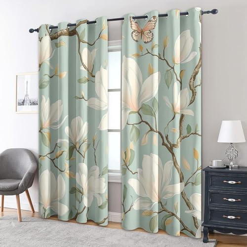 Generisch Vintage Blumen Vorhänge mit Ösen, H 166 x B 75, 2er Set - Pflanze Motiv Gardinen Wohnzimmer Schlafzimmer Deko, Fenster Vorhang Blickdicht Blackout Curtain （E721）