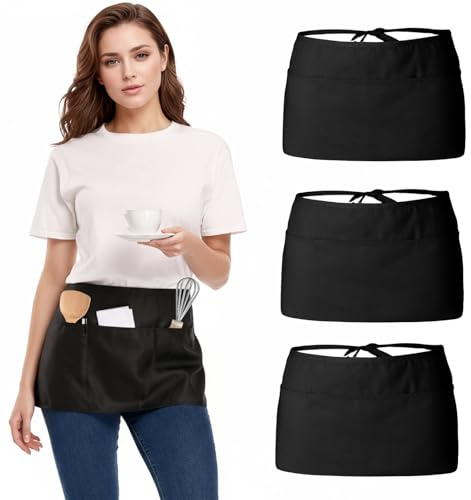 Werownsgso 3 Stück Schwarz Schürze Vorbinder Kellnerschürze Kurz mit 3 Taschen 60 x 30cm Wasserdicht Kochschürze Damen Herren Bistroschürze Halbschürze für Restaurants Bar Cafés