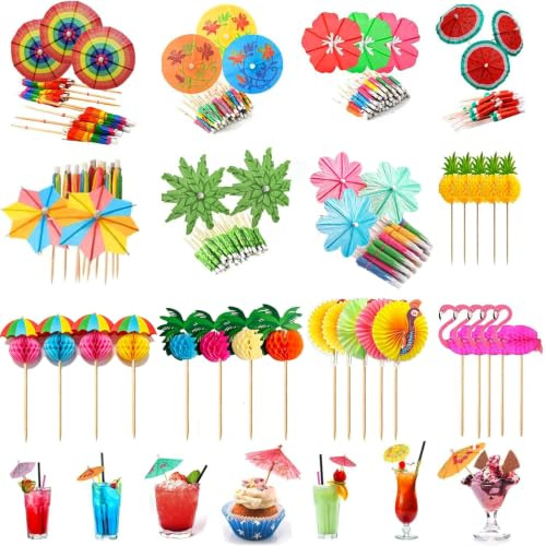 Cocktail Deko Set, 120 Stück, Cocktail Party Dekorationen mit Regenschirm, Flamingo, Ananas, Palm Designs, 11-14,7 cm
