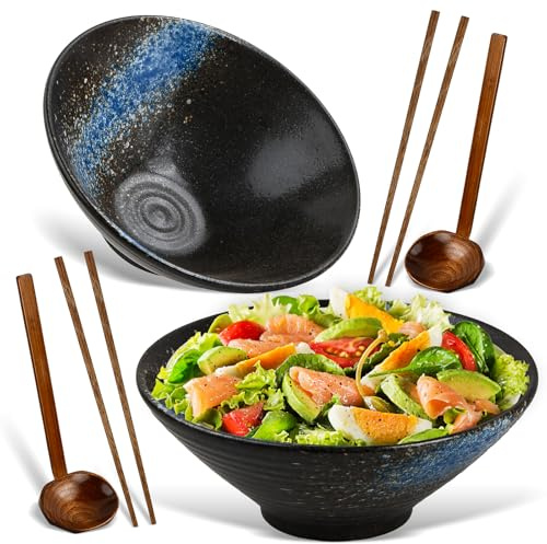Mapille 2 Bols Ramen en Céramique 1000 ml, Grand Bol à Nouilles avec Baguettes et Cuillères, Compatible Micro-ondes Lave-vaisselle Four pour Pho Udon Soupe Salade
