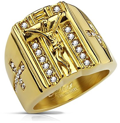 Tapsi´s Coolbodyart® Siegel Ring Edelstahl Zirkonia Jesus Kreuz Gold 66(21)
