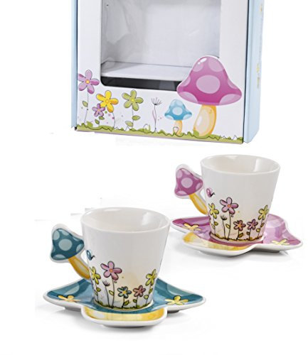 set 2 tazze da tè tisana con fiori e 2 piattini forma funghetto in porcellana con scatola regalo bomboniera