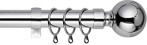 Plain Metal Ball Extendable Curtain Pole. Includes Pair Of Superior 60mm Size Finials, Rings, Brackets & Fittings Set. (Chrome, 160cm - 300cm, 63 Inch to 118 Inch)