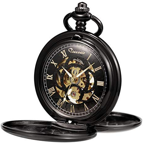 TREEWETO Unisex Taschenuhr mit Kette Analog Mechanisch Handaufzug Doppelscharnier Antik Graviert Römische Schwarz