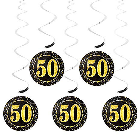 Oblique Unique® 5 Deckenhänger Wirbel Spiral Girlanden mit Zahl 50 Rund Deko für Geburtstag Jubiläum Party Feier UVM. Silber Schwarz Gold
