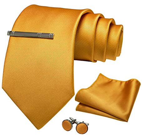 JEMYGINS Herren 9cm Breit Extra lang Krawatte und Einstecktuch Krawattenklammer Set Geeigneter Hochzeit Fest,Gelb