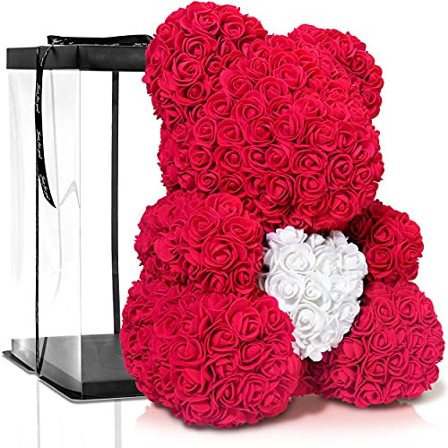 ROSEBEAR mit Geschenkbox - in verschiedenen Größen und Farben - aus ewigen Rosen in voller Farbe - Geschenk für Ihn & Sie zum Jahrestag Geburtstag Muttertag Hochzeitstag (40 cm Rot mit Herz)