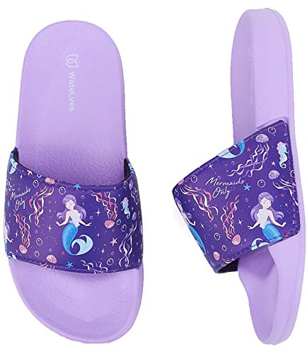 WateLves Badelatschen Kinder Sommer Hausschuhe Badeschlappen Jungen Mädchen Rutschfeste Dusch Badeschuhe Strand Sandalen(Lila Meerjungfrau 26/27EU)