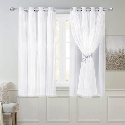 SOFJAGETQ Weiße Verdunkelungsvorhänge-Set – Doppellagige Voile-Vorhänge mit Raffhaltern, für Schlafzimmerfenster, 132 x 160 cm, grau-weiß, 2 Stück