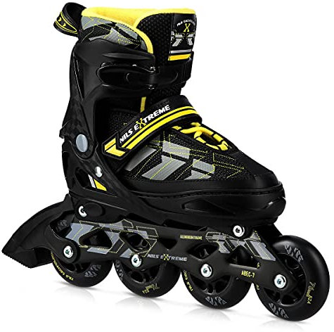 Nils Extreme Inliner für Kinder - Inline Skates - ABEC7 Chrome Kugellager – Rollschuhe für Mädchen Jungen und Erwachsene- Rollerskates Größenverstellbar 35-38 - Schwarz und Gelb - NA11002