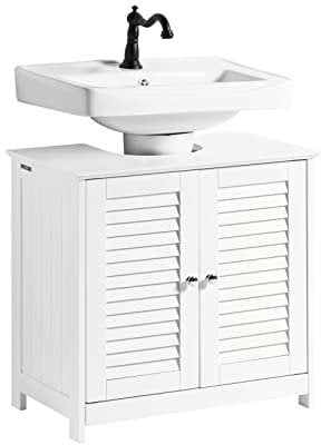 SoBuy Waschbeckenunterschrank, Badschrank mit verstellbaren Regalböden, Badmöbel aus MDF, Unterschrank für Badezimmer, Anti-Schimmel Lamellentür, Weiß, 60x58x35cm, FRG237-II-W
