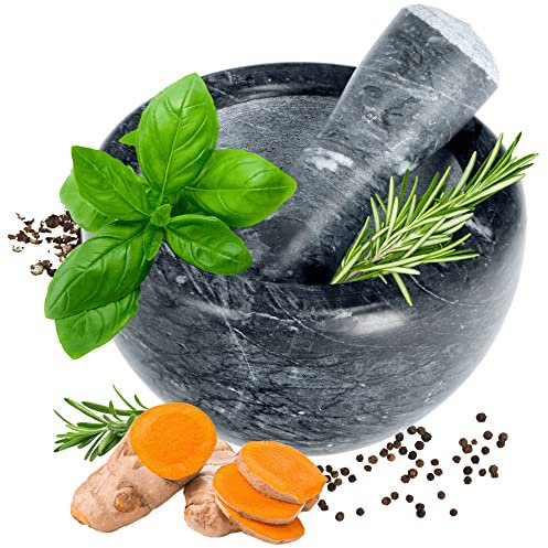 KADAX Mortier de cuisine avec pilon, mortier en pierre, bol de guacamole, mortier à herbes, broyeur en pierre, mortier à épices pour coriandre, cardamome (gris, diamètre 14 cm)