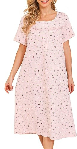 Bloggerlove 100% cotton nightgowns for women Sleeping Gown Short Sleeve Night Dress Button Down House Coat Lightweight Nightwear Sleep Wear Ladies Granny Nightgown Pink M