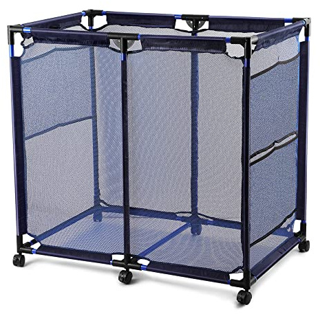 JEFEE Pool Storage Bins Rolling Pool Safety Storage Cart Standard Noodle Holder Organizer Container with Nylon Mesh for Pool Floats, Balls, Large Capacity Storage Bins 37.2 L 24.8 W 35.4 H Blue