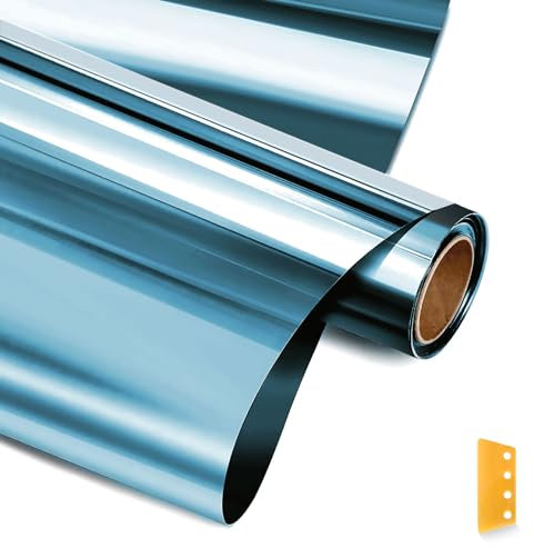 Vinilo para Ventanas Efecto Espejo,NEEMOSI Vinilo Ventana Anti Sol, 99% de Protección UV y Rotección de la Intimidad,Vinilo Espejo para el Hogar y la Oficina(Azul-Plata,40 * 200cm