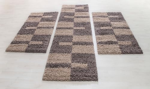 Carpettex Bettumrandung Schlafzimmer 3teilig Shaggy Teppich Hochflor Kariert Design Taupe Bettset:2 mal 100x200 + 1 mal 80x250 - Bettvorleger Schlafzimmer Läufer Set Flauschiger Bettumrandung Teppich