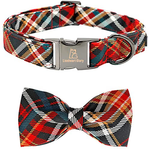Lionheart glory Weihnachts-Hundehalsband mit Schleife, kariert, Halsbänder für Mädchen- oder Jungenhunde, Fliege, Geschenk für Haustiere, verstellbares Halsband mit Schleife für kleine Hunde