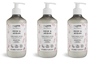 I LOVE Naturals Rose & Argan Hand & Body Lotion – Enriched with Shea Butter, Rose & Patchouli Oils – Silky Smooth Hydration – Nourishing, Soothing & Vegan-Friendly Skincare for Soft Skin 3 x 500ml