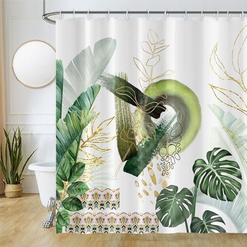 Uiiooazy Duschvorhang 180x220cm, Duschvorhang Anti Schimmel Tropisch Grüne Palmenblätter Jungle Duschvorhänge Wasserdicht Polyester Stoff Waschbar Blickdicht Bad Vorhang mit 12 Haken für Badezimmer