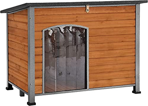 Dog House Outdoor, Indoor Insulated Cat House Weatherproof Dog Kennel for Small Medium Dogs, Pet Crate Wooden with Elevated Floor Weatherproof, Unique All-Around Iron Frame