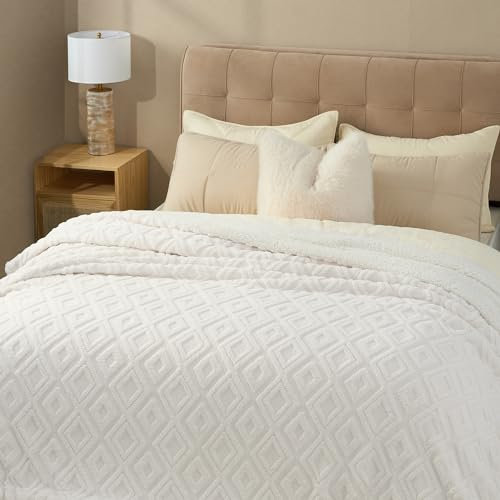 RECYCO EVERGRACE Sherpa Wohndecke Kuscheldecke Dicke Decke 220x240cm, Flauschig Warm Sofadecke Couchdecke Weich Sofaüberwurf für Sofa Bett Couch Wohnzimmer, Weiß
