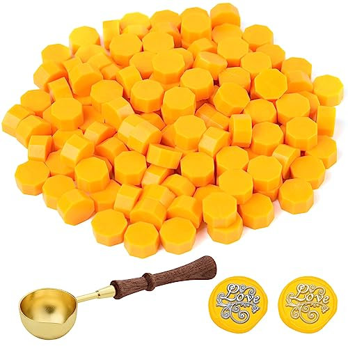 ASTARON 300 Stück Siegelwachs Mittelgelb, Siegelwachs Perlen mit 1 Wachsschmelzlöffel, achteckiges Wachssiegel-Set für Einladungen, Karten, Umschläge, Weinpakete, Geschenkverpackungen
