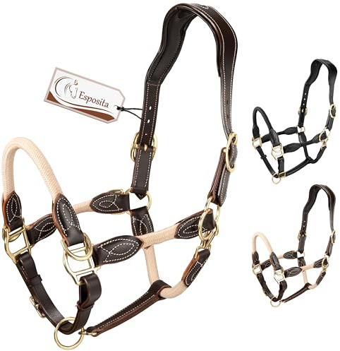 Esposita Seilhalfter Ranch Halfter für Pferde aus Leder und Seil mit rostfreien Messingbeschlägen auch ideales Halfter zum Reiten, als gebisslose Trense oder Wanderreithalfter Braun Gr. Full/WB