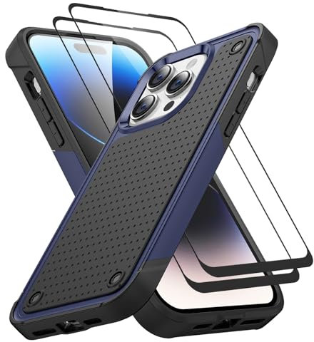 Jeylly for iPhone 15 Pro Max Case with [2 Pack] Glass Screen Protector, Heavy Duty Shockproof Slim TPU Bumper Hard Plastic Back Hybrid Protective Phone Case for iPhone 15 Pro Max, Blue