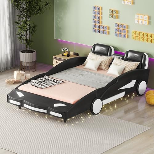 Dolamaní Kinderautobett 140 x 200 cm, Autobett mit Latterost Flachbett aus MDF, Kinderbett mit rausfallschutz für kleine Rennfahrer, Jungen und Mädchen, PU (140 x 200 cm - A, Schwarz)