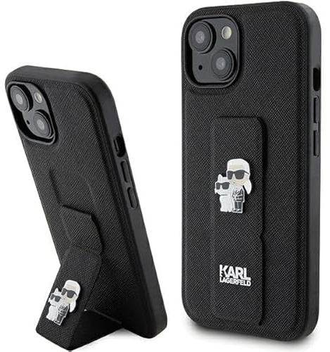 KARL LAGERFELD KLHCP15MGSAKCPK Hülle für iPhone 15 Plus 6.7'' Schwarz hardcase Gripstand Saffiano Karl&Choupette Pins