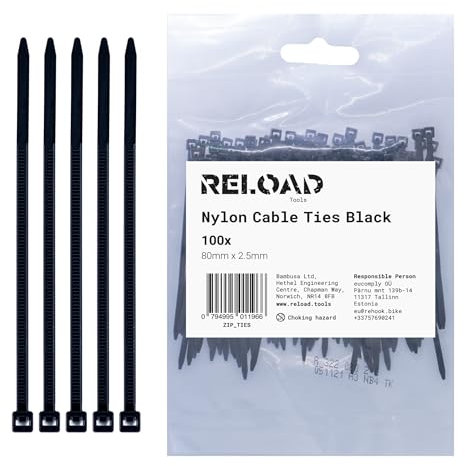Reload Cable Ties 80mm x 2.5mm Black Nylon Plastic Zip Tie Wraps Small Size Ties - Pack of 100