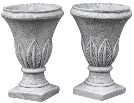gartendekoparadies.de 2-Set Pflanzvasen mit Blatt-Muster klassisch Pflanzgefäß aus Steinguss, H. 59 cm, 15 Liter, je 40 kg, Grau, frostsicher für Außenbereich