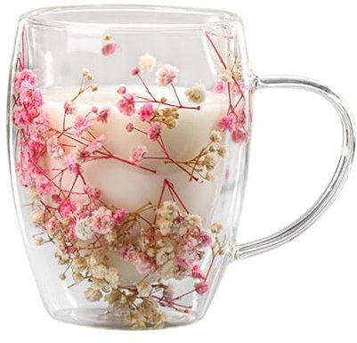 1/3 Dry Flower Glass - 350ml Double Walled Coffee Mugs, Dried Flowers Glass Mugs | Insulated Heat Resistant Espresso Cups, Anti-Scald Handle Tea Cups, Rust Resistant Floral Cup for Latte Tea(Pink)
