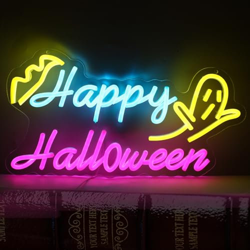 MaxAwe 5V ‘Happy Halloween’ mit Geister Leuchtreklame für Wanddekoration, 43cm * 23cm Dimmbares Neon LED Schild, Neonschild Leuchtschild für Halloween, Party, Zuhause, Schlafzimmer, Bar