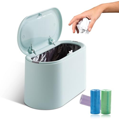 LURNODY 2l Poubelle de Table Avec Pop-Up Mini Poubelle Petite Poubelle de Table Avec Couvercle, Avec 3 Rouleaux de Sacs Poubelles, Adaptés Au Stockage Sur Table Basse, Bureau Et Bureau (Bleu Clair)
