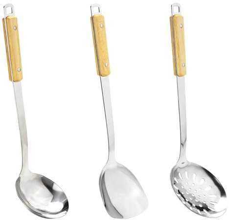 FJNATINH Wok Pfannenwender,schaumlöffel and Löffel Set, Wok Zubehör Set aus Edelstahl, 3 Stück With Handle