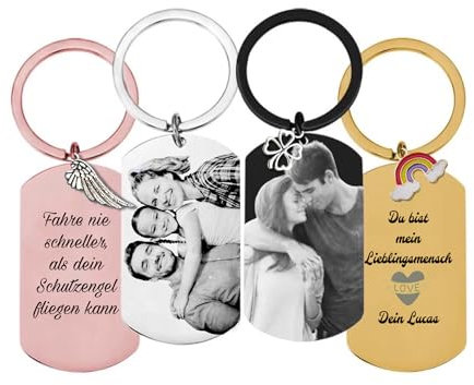 KIDDI-MEDIA Porte-clés personnalisé avec véritable gravure photo et/ou texte au choix comme par exemple dédicace, félicitations, nom, anniversaire, etc. – En option avec pendentif à breloques et