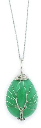 Bijoux Pendentif Collier Pierre Aventurine Arbre de la Vie Argenté Fil Forme Goutte d'eau Pierre Précieuse Énergie avec Chaîne