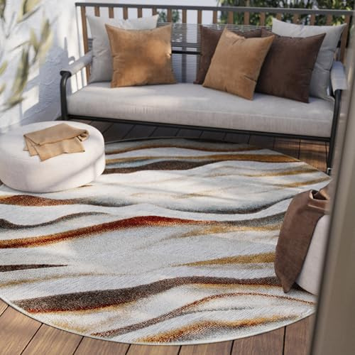 Wecon Home moderner, wetterfester Outdoor Teppich – Wellen-Muster für Wohnzimmer, Esszimmer, Flur, Terrasse und Balkon – Creek (160 cm rund, beige)