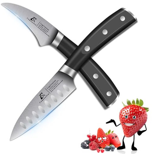 CoquusAid Paring Knife set, 2PCS small kitchen knife for fruit, 3.8 Inch Fruit knife and 2.75 inch Bird Beak peeling knife,Premium Germany Stainless Steel Ergonomic Handle,Elegant Black Ideal for Gift