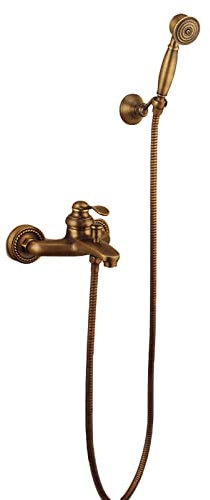 UHJKLA Retro Shower System Brass, Bathroom Antique Shower Set with Shower Head Hose Bath Tap, Wall Mounted Shower Mixer Set for Hotel Gym Adults