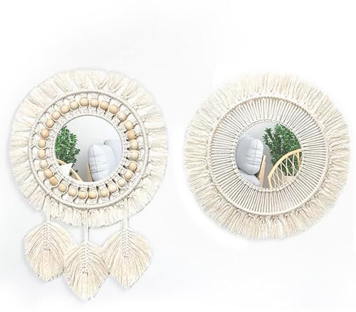 Dokeno 2 Stück Wandspiegel mit Rahmen aus Gewebten Fransen, Makramee Wandspiegel Wandbehang Dekorativer Spiegel Boho Deko Rund Spiegel für Wohnung Schlafzimmer Wohnzimmer Haus Wanddeko