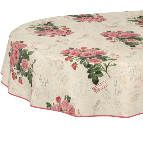 ANRO Wachstuchtischdecke Wachstischdecke Wachstuch Tischdecke abwaschbar Gartentischdecke Postkarte Rosen Oval 200x140cm mit Saum (Eingefasst)