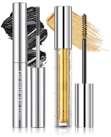 Prreal 2PCS Gold Glitter Mascara and Metal Mascara Black, Long Lasting Curling Volumizing Diamond for Eyelashes, Non-Clumping Flake Proof Bristle for Daily Party Festival Eye Makeup, Set B