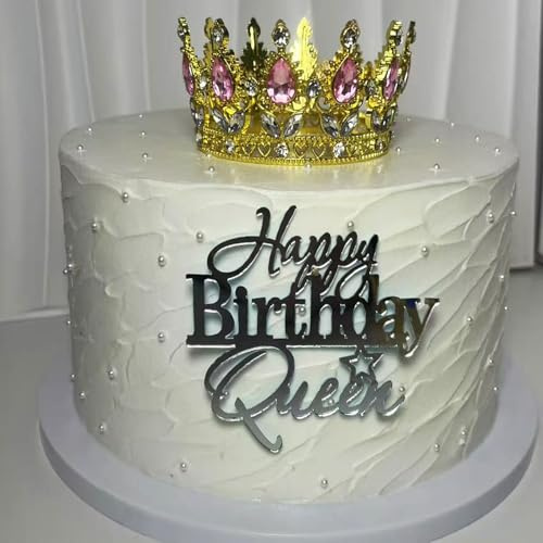 Happy Birthday Queen Cake Topper,Acrylic Silver Mirror Finish Happy anniversary Cake Decorative Party Accessory for Girl/Women, Gender Reveal Princess Birthday Party Decor Supplies