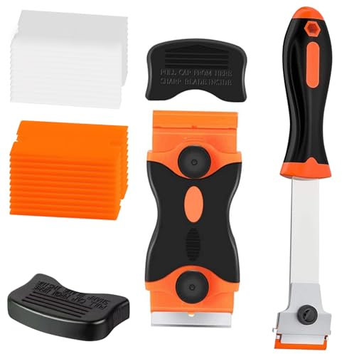 Double Edged Window Scraper Tool Kit - 2Pcs Glass & Long Handle Scrapers with 20 Blades (10 Metal +10 Plastic) for Removing Stickers, Wallpaper, Labels,Paint - Durable Orange Cleaning Tools